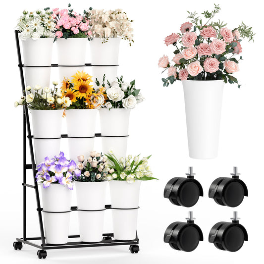 Invech Flower Display Stand with 9 Buckets and Wheels, 3 Tier Flower Cart Display Stand for Indoor Outdoor Garden, Wedding, Flower Shop (Black)