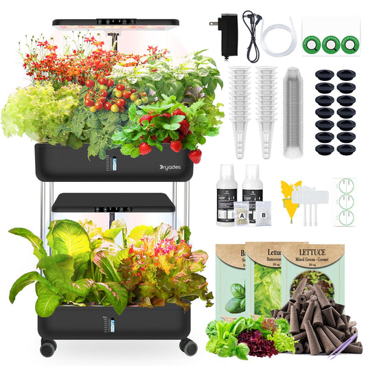 DRYADES 44-Pod Indoor Hydroponic Growing System + 3 Free Seeds Starter Kit (Lettuce, Salad Mixed, Basil Seeds) – Dual 53W Full-Spectrum LED, 10-L Water Tank, 2-Tier Grow Pods (44 Pods)