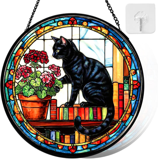 Riletese Stained Glass Window Hanging, Black Cat Themed Stained Glass Suncatcher, Window Decor, Black Cat Design Decorative Gift for Women, Couples, Best Friend, Family, Colleague, Classmate 7.8 Inch