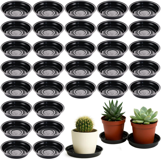 30 Packs 4 Inches Small Plant Saucers for Indoor Outdoor Use Heavy Duty Plastic Plant Plate Dish for Planter Bulk Round Flower Pot Drip Trays to Catch Water 4 to 20 Inch, Black