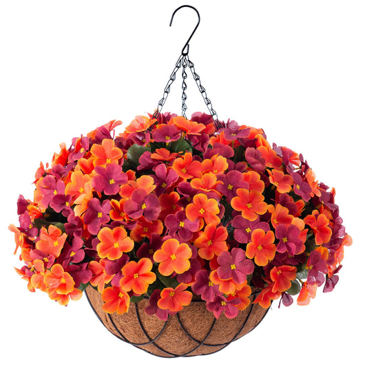 INXUGAO Artificial Hanging Flowers with Basket for Outdoor, Fake Hydrangea UV Resistant Arrangements in Pot Planter Spring Summer Decor for Indoor Porch Garden Yard(Orange Brown)