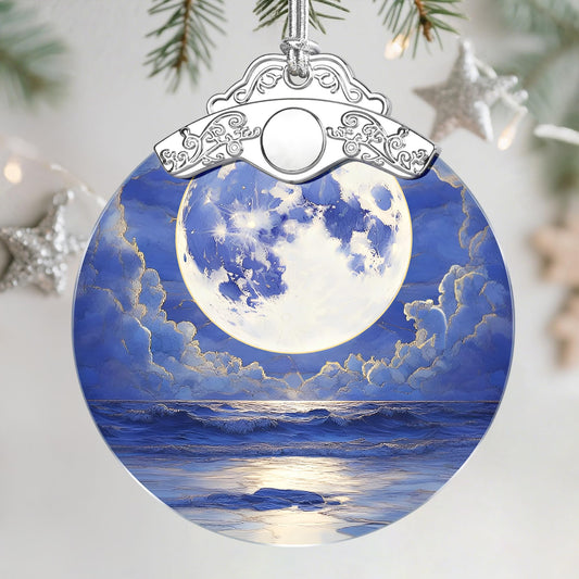 Christmas Ornaments: Stained Glass Ornament, Christmas Tree Ornament, Hanging Ornaments for Home Decor & Xmas Tree Decorations – Holiday Decor, Gifts & Holiday Present - Full Moon Over Ocean