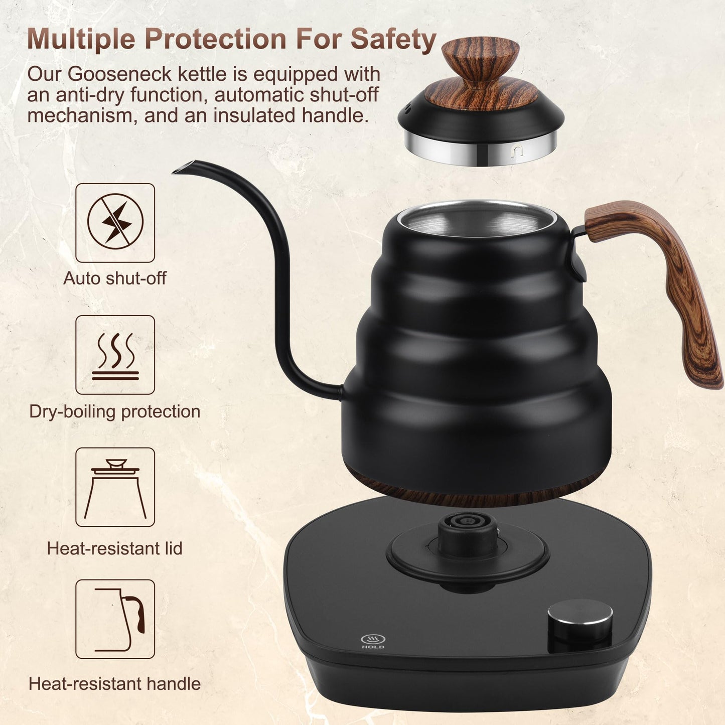 Electric Gooseneck Kettle, 30oz 0.9L Water Electric Kettle with Intelligent Temperature Control Quick Heating 304 Stainless Steel for Coffee Tea Boil Hot Water 1000W(Black)