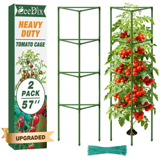 ZeeDix [Upgraded] 2 Pack Heavy Duty Tomato Cages for Garden, 57 Inch Foldable Plant Support Stakes for Heavy Climbing Plants, Adjustable Tomato Trellis for Pots Indoor & Raised Garden Bed Outdoor