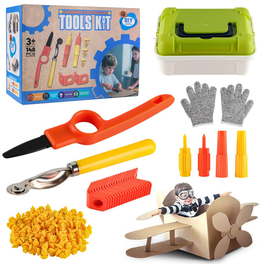 Cardboard Cutting Tools for Kids with Storage box,Safe DIY Cutter,148 PCS Construction Kit for Family & Team Activities,Creative Educational Toys Gift for Boys and Girls,5 6 7 9,Building Set,Ageds 4+