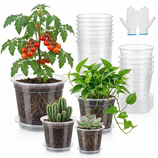 Vmeoap 12 Pack Clear Plant Pots with Saucers (5/6/7/7.5") - Extra Thick Transparent Plastic Nursery Pots for Orchids & Indoor Plants, Excellent Drainage Holes & Bonus Gardening Gloves
