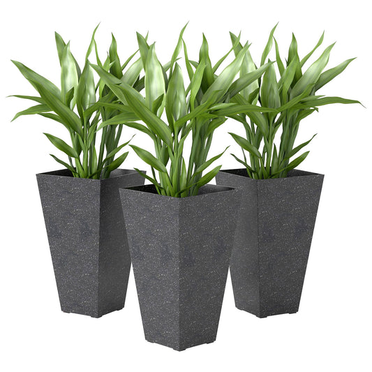 Outsunny 28 Inch Tall Planters for Outdoor Plants, Set of 3 Plastic Flower Pots with Marble Finish and Drainage Holes, Stackable Tapered Large Planters for Indoor Plants, Front Porch Decor, Black