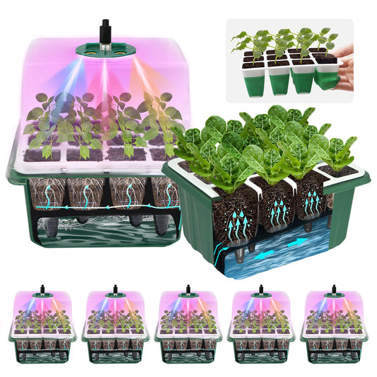 5PCS 60 Cell Self Watering Seed Starter Tray with Grow Light, Reusable Silicone Seed Starter Kit with Humidity Dome, 60 Cells Plant Germination Trays for Seeding Planting Growing（5-Pack 60-Cell）