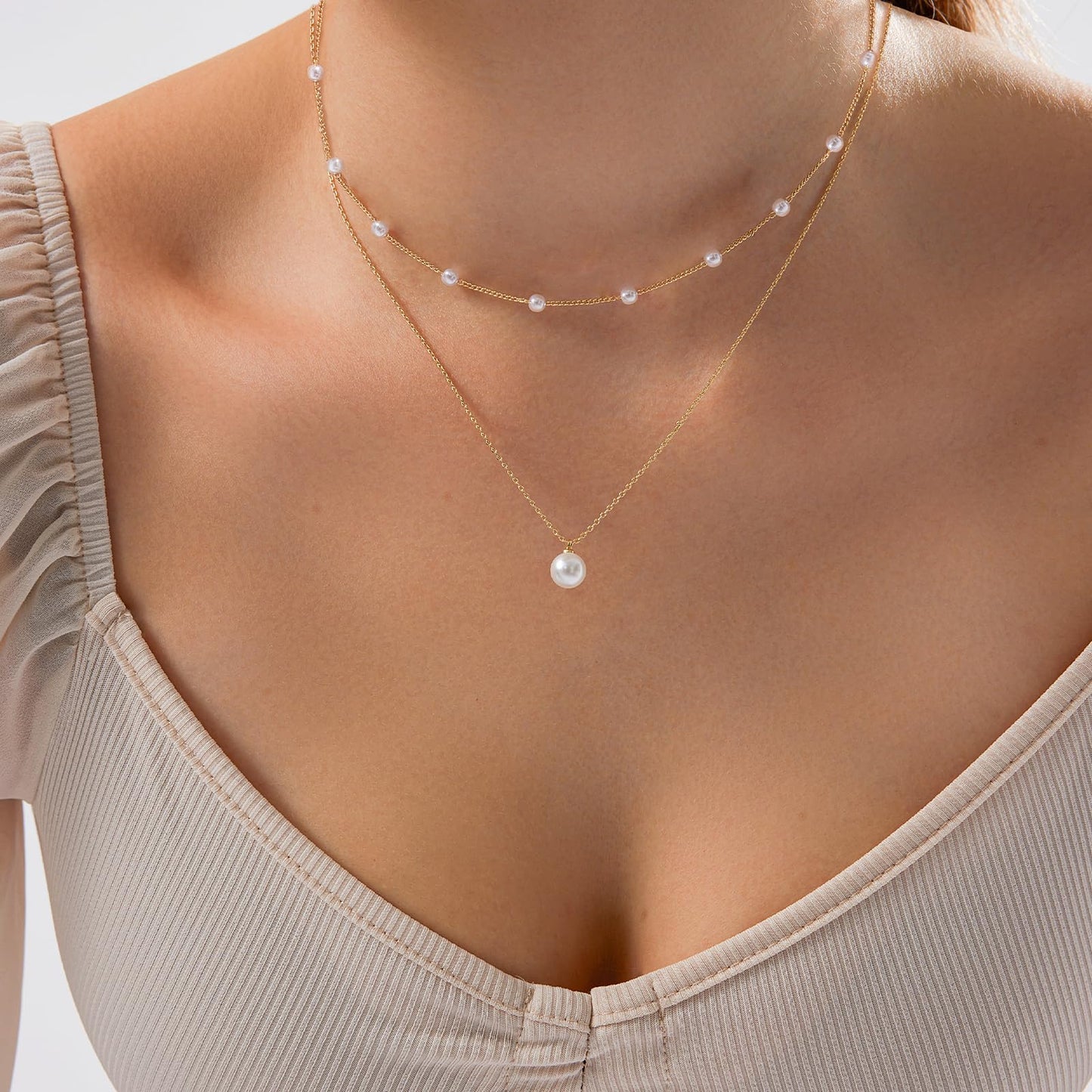 Luxval Pearl Necklace for Women Layered Trendy 14K Gold Plated Dainty Pearl Pendant Choker Set Gold Necklace Stack Non Tarnish Simple Cute Jewelry Gifts for Women