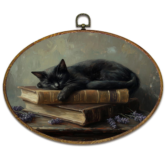 kdqua Dark Academia Black Cat Book Oval Wall Art Decor, Gothic Antique Bookish Canvas Artwork Framed, Moody Goth Witchy Cat Wall Hanging Decorations for Home Library Reading Room, 11.4x8.6 Inch