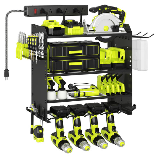 CFMASTER 4 Layer Heavy Duty Power Tool Organizer Wall Mount with Charging Station, Adjustable Metal Storage Rack, 6 Outlets Strip, Drill Holders, Hooks & Drill Bit Rack for Garage, Workshop, Black