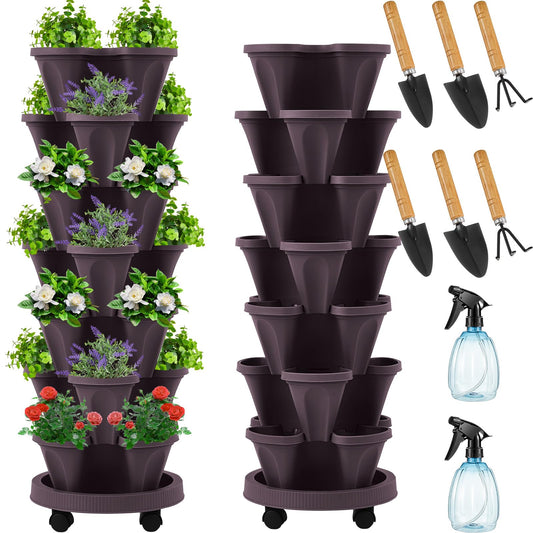 Umigy 2 Set Espresso Brown 7 Tier Vertical Planter Stackable Tower Planters Strawberry Herb Flower and Vegetable Pots Indoor Outdoor Gardening Pots with Removable Wheels and Tools