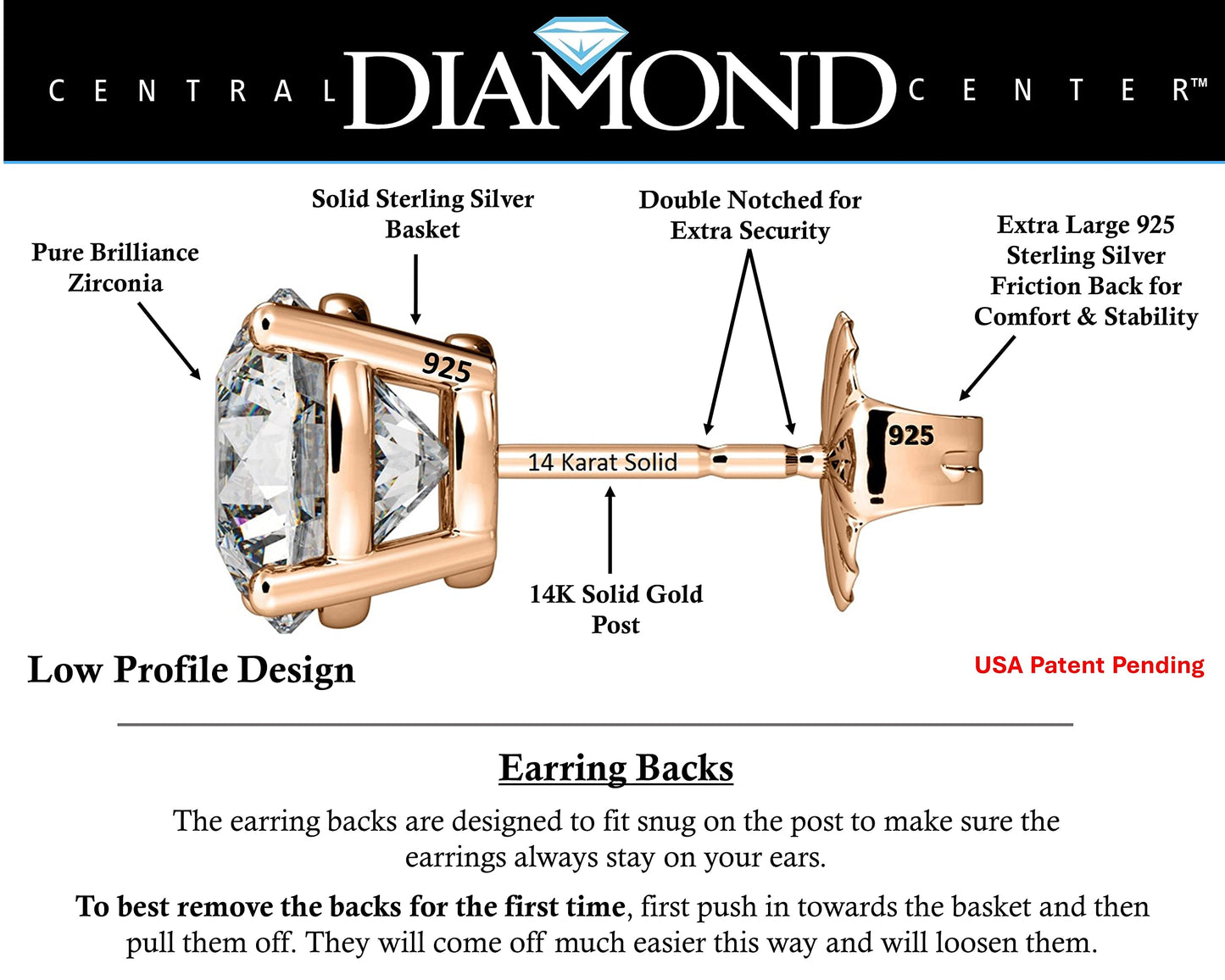 Central Diamond Center 14K Solid Gold Post & Sterling Silver Made with Swarovski 4 Prong CZ Stud Earrings - Rose Gold Plated - 5.50mm - 1.50cttw