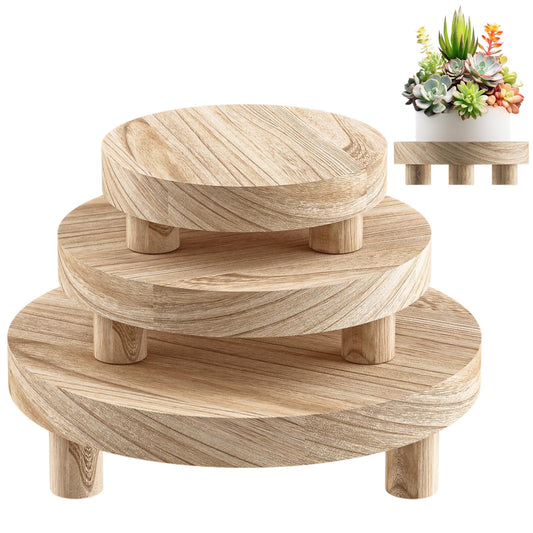 3 Pcs Wood Plant Stand Indoor Outdoor, Round Wood Riser for Decor 6/8/10" Wooden Stool Display Stand Flower Pot Holder Small Planter Tray Modern Potter Decorative for Desktop Counter Room (Natural)