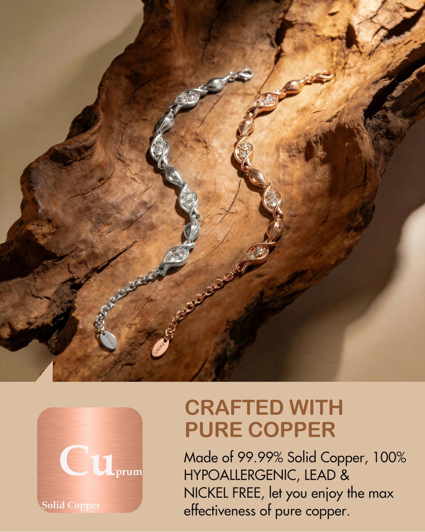 Feraco Pure Copper Bracelets for Women, Ultra Strength Magnetic Bracelet for Women with 3800 Gauss Magnet & Dazzling Austrian Crystals Stone, Copper Jewelry Gift (Rose Gold)
