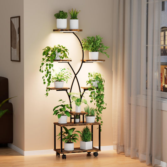 Azaeahom Plant Stand Indoor with Grow Lights, 8 Tiered Metal Plant Shelf with Wheels, 58" Tall Corner Plant Stand Flower Display Rack Holder for Living Room, Patio