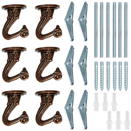 RiseDirectly 6-Pack Heavy Duty Antique Brass Ceiling Hooks for Hanging Plants, Swag Hooks with Hardware for Chandeliers, Indoor Plant Hangers & Lightweight Decor