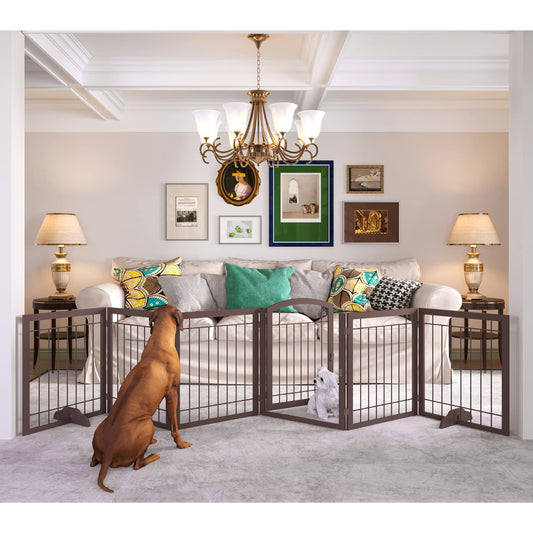 JSB 144-inch Extra Wide 30-inch Tall Dog gate with Door Walk Through, Freestanding Pet Gate for Halls, Stairs & Home, Pet Puppy Safety Dog Fence with 2PCS Support Feet (Espresso)