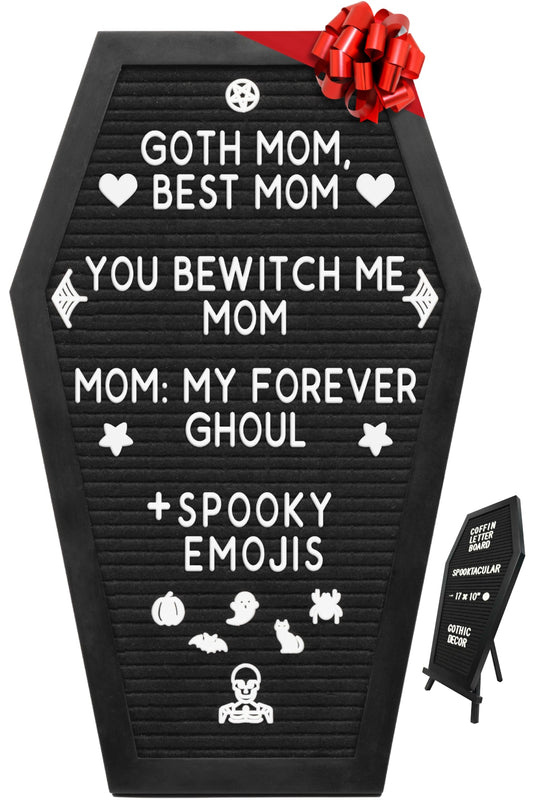 Nomnu Coffin Letter Board Black +3D Bat Stickers +650 Characters, Spooky Seasonal Emojis, Wooden Stand - 17x10.5 Inches - Coffin Shaped Goth Decor Sign Halloween Decorations Gothic Decor Birthday Home Spooky Gifts