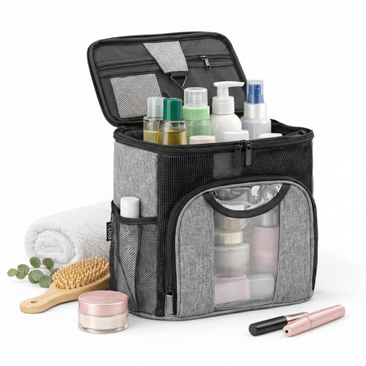 Opaal 11” Tall Vertical Makeup Organizer Bag – Professional Hairstylist Travel Bag for Hair Tools & Hairspray – Large Standing Waterproof Cosmetology Case for Full-Size Toiletries & Bottles