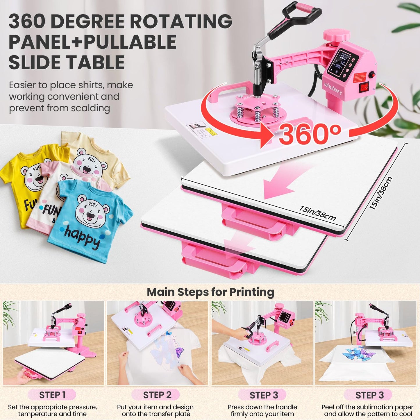 Whubefy Heat Press 15x15 inch 8 in 1 with 30OZ Tumbler Press, Slide Out 360° Swing Away Digital Shirt Press Machine, Industrial-Quality Heat Transfer Sublimation for T-Shirt/Tumbler/Mug/Hat/Cap/Plate