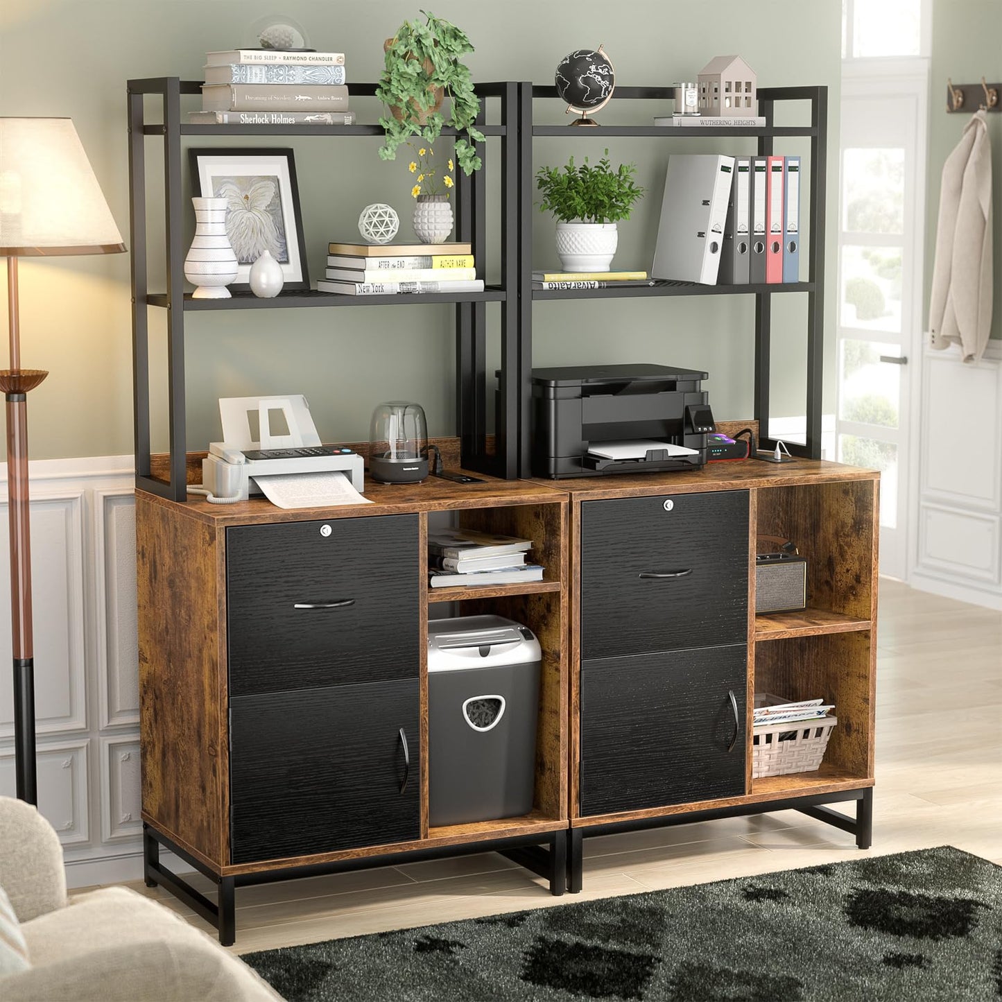 Homieasy Vertical Filing Cabinet with Bookshelf for Home Office, File Cabinet with Shelves, Lock & Charging Station, Drawer Office File Cabinets with Printer Stand, fits Letter Size, Rustic Brown