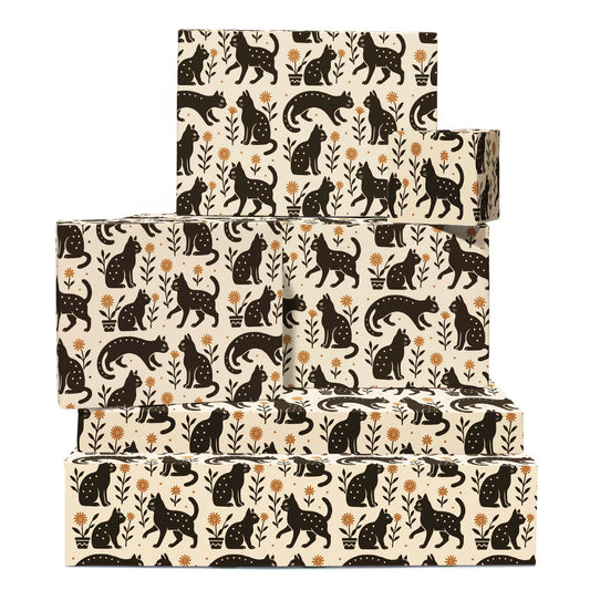 CENTRAL 23 Cat Wrapping Paper - 6 Sheets Gift Wrap For Women Girls Cat Lovers - Birthday Christmas Wedding Anniversary - Black Kitty Playful Pets Beige Design - Comes With Tags