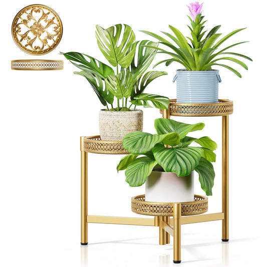 NQW Metal Plant Stand Indoor Outdoor, 3 Tier Corner Plant Shelf for Multiple Plants, Gold Tiered Plant Stand, Heavy Duty Flower Holder, Folding Tall Rack for Garden Patio Balcony - GoldWave