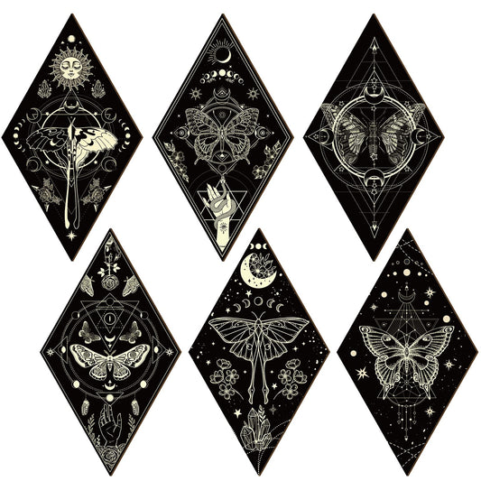 Sintuff 6 Pieces Gothic Wall Decor Boho Sun Moon Phases Wall Art Gothic Minimalist Stars Sun Hanging Wooden Home Decor Farmhouse Pediments for Gallery Living Bedroom Room(Mysterious)