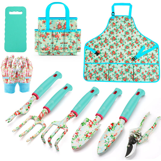 Garden Tools Set, JUMPHIGH 10 PCS Heavy Duty Gardening Tools Includes Hand Trowel Rake Weeder Pruner, Gardening Gifts for Women, Garden Kit with Tote Bag, Apron, Gloves, Kneeling Pad