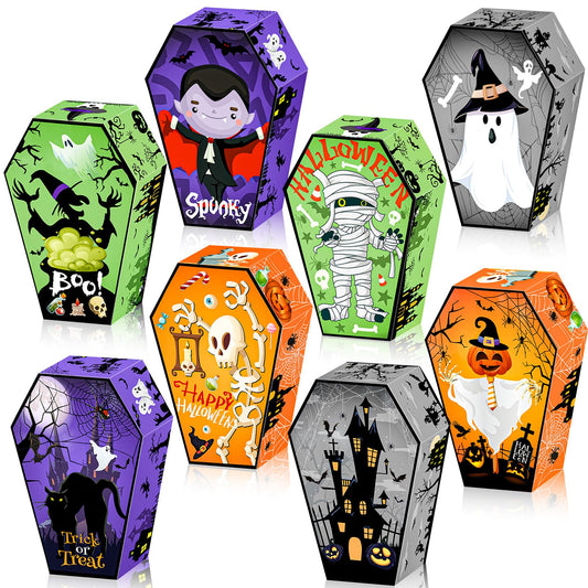 HOWAF 12 PCS Halloween Candy Boxes Coffin Shape Treat Paper Boxes Skull Bat Ghost Goodie Boxes for Happy Halloween Party Decoration Supplies Spooky Halloween Trick or Treat Gift Box