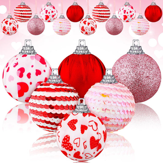 Riceshoot 12 Pcs Valentines Day Ball Ornaments 2.36 Inch Red Pink White Hanging Decor Heart Balls Ornaments for Tree Valentine's Day Party Supplies Decorations