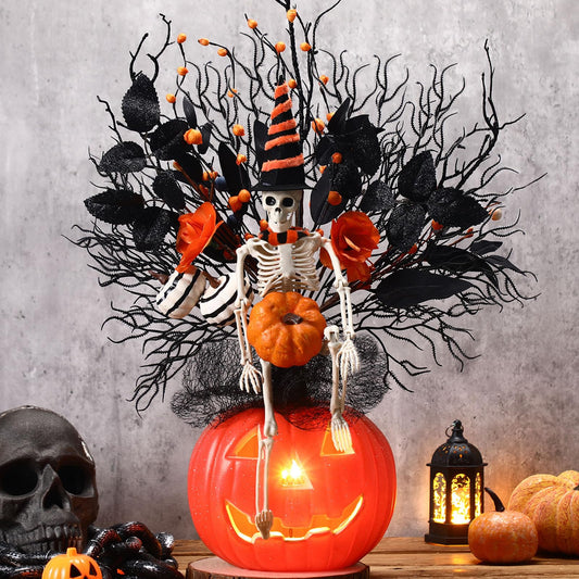 Thiccywoov Large Halloween Tabletop Decorations with Lights 17.7'' x 11'' Halloween Table Centerpieces Halloweens Artificial Flower Skeleton Skull Pumpkin Table Decor for Home Indoor Party Supplies
