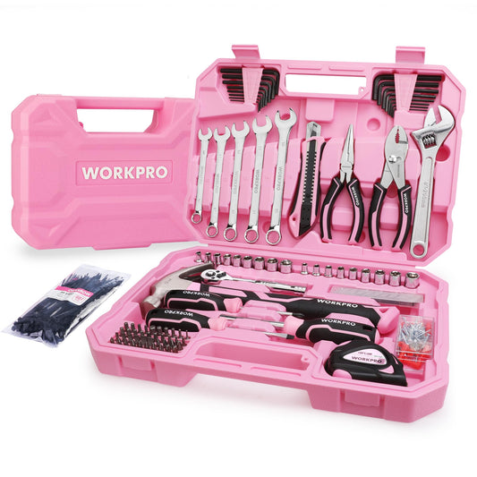 WORKPRO Pink Tool Set, 284 PCS Tool Kit for Women, Basic Household Pink Tool Box with Sockets, Pliers, Ratchet Handle, Portable Toolkit for Home Repair, New Apartment, House-Warming, DIY - Pink Ribbon