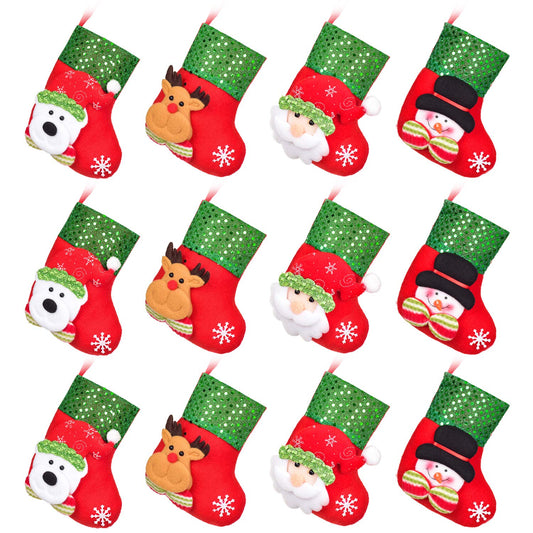 DearHouse12pcs Mini Christmas Stockings, 6" 3D Xmas Stocking Christmas Tree Ornaments Decorations - Santa Claus Snowman Reindeer Gift Card Silverware Holders