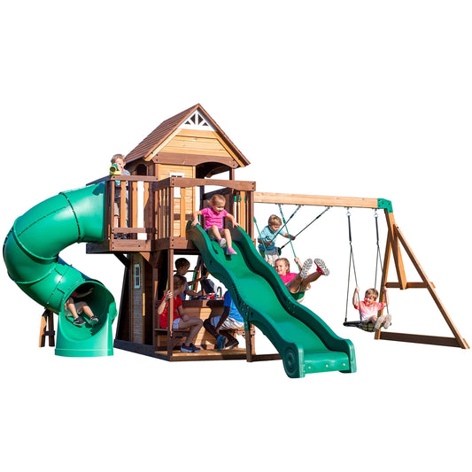 Backyard Discovery Cedar Cove Wood Swing Set with Spiral Tube and Wave Slide, Clubhouse, Toy Grill, Snack Bar, Rock Wall, Belt Swings, Web Swing, Balcony,Chalkboard, Ladder,Outdoor Playset 10 Years