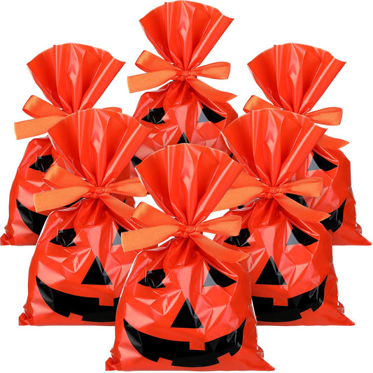Tenare 100 Pcs Halloween Cellophane Pumpkin Treat Bags Jack O Lantern Orange Candy Bags Plastic Pumpkin Smile Goodies Gift Decor with Gold Twist Ties for Dessert Halloween Party Favors, 6 x 9 Inch