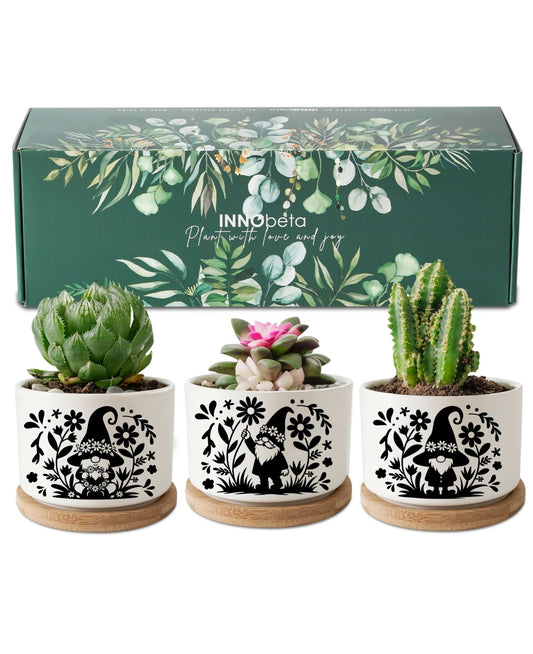 InnoBeta Gnome Gifts for Women Gardening Lovers, Succulent Plant Pots 3pcs, Gifts for Gnome Lovers, Gnomes Planter Pot with Bamboo Tray, Plants NOT Included, for Birthday, Christmas