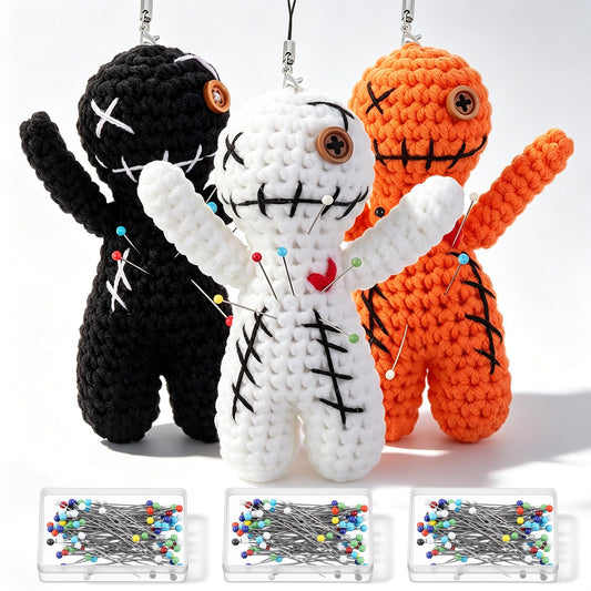 Poen 3 Pcs Voodoo Dolls Horror Doll with 30 Skull Pins, Christmas Stuffing Decoration Funny Inspirational Positive Ornaments Gifts for Friend Coworkers New Year Halloween Party Supplies (Crochet)