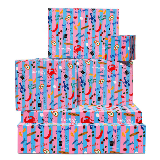 CENTRAL 23 Striped Wrapping Paper - 6 Sheets Of Gift Wrap - Food Themed Holiday Wrapping Paper - Pink And Blue Stripes - Birthday Wedding Christmas - Recyclable
