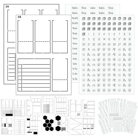 Weekly Planner Layout Journaling Supplies Kit (32 pcs) - 18 Weekly Layout A5 Planner Stencils and 14 Sheets Minimalist Planner Stickers, Planner Accessories Compatible with A5 Bullet Journals