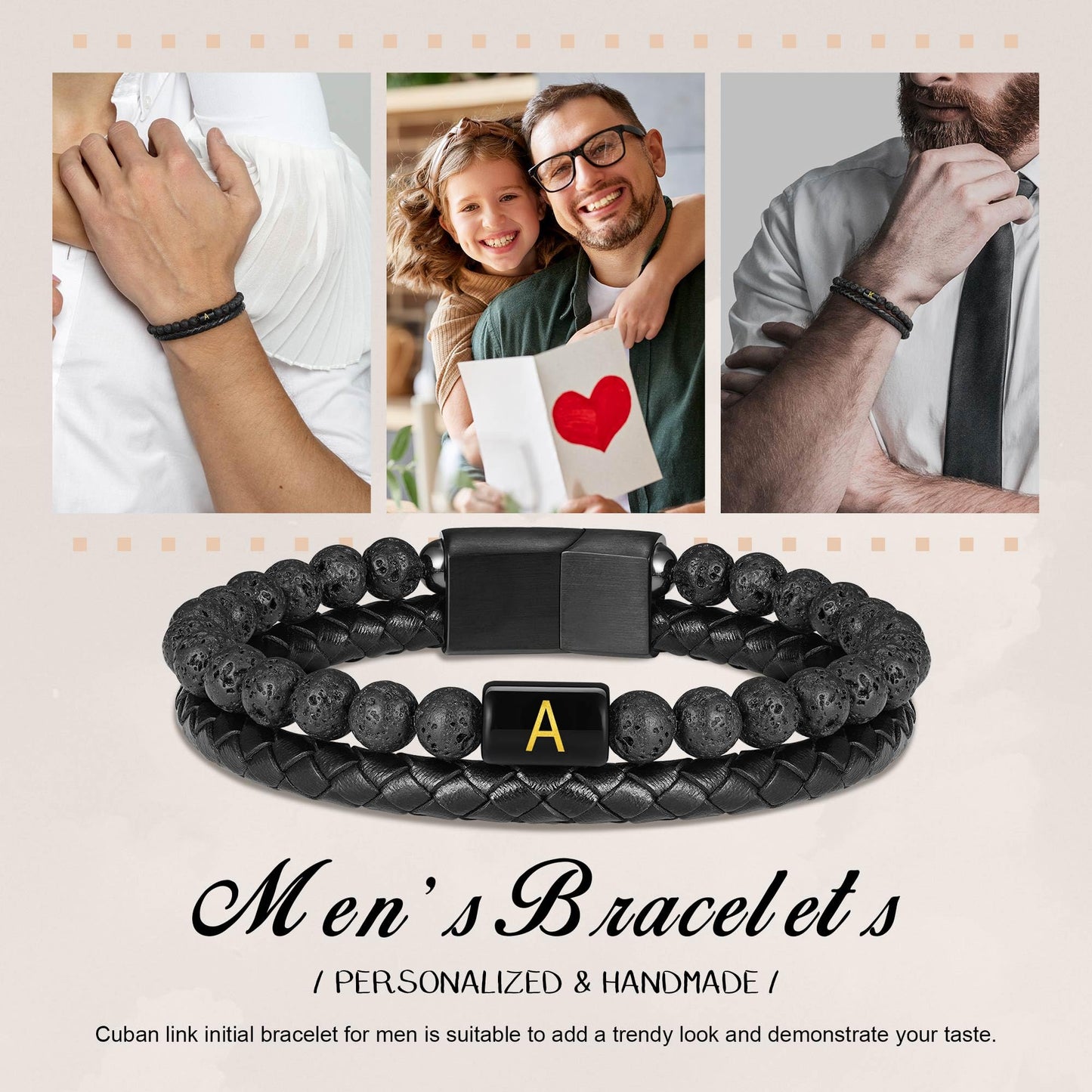 Mens Leather Bracelet with Initial - Men Gift Lava Rock Bead Magnetic Clasp Black Leather Bracelets Mens Gifts Men Bracelets with Initial N Bracelet for Men's Jewelry Men's Gifts for Dad Husband Him