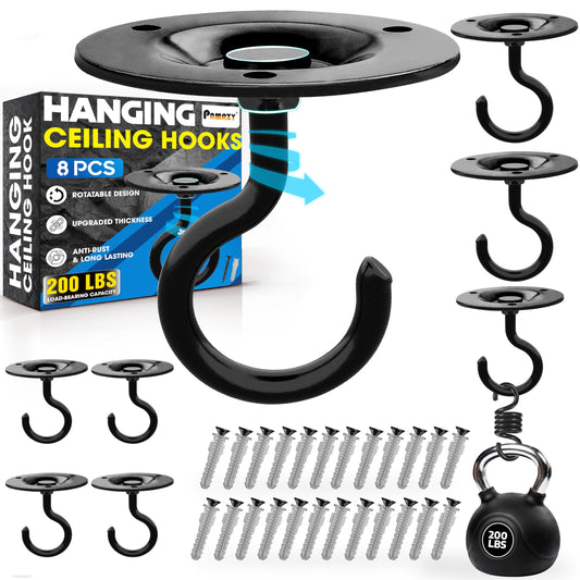 [UPGRADED] 200LBS 8Pcs Round Ceiling Hooks with Firmly Rotatable Button, Black Wall Mount Metal Hangers for Hanging Hanging Plants, Bird Feeder, Lantern, Lights, Wind Chime, Indoor Outdoor Decor