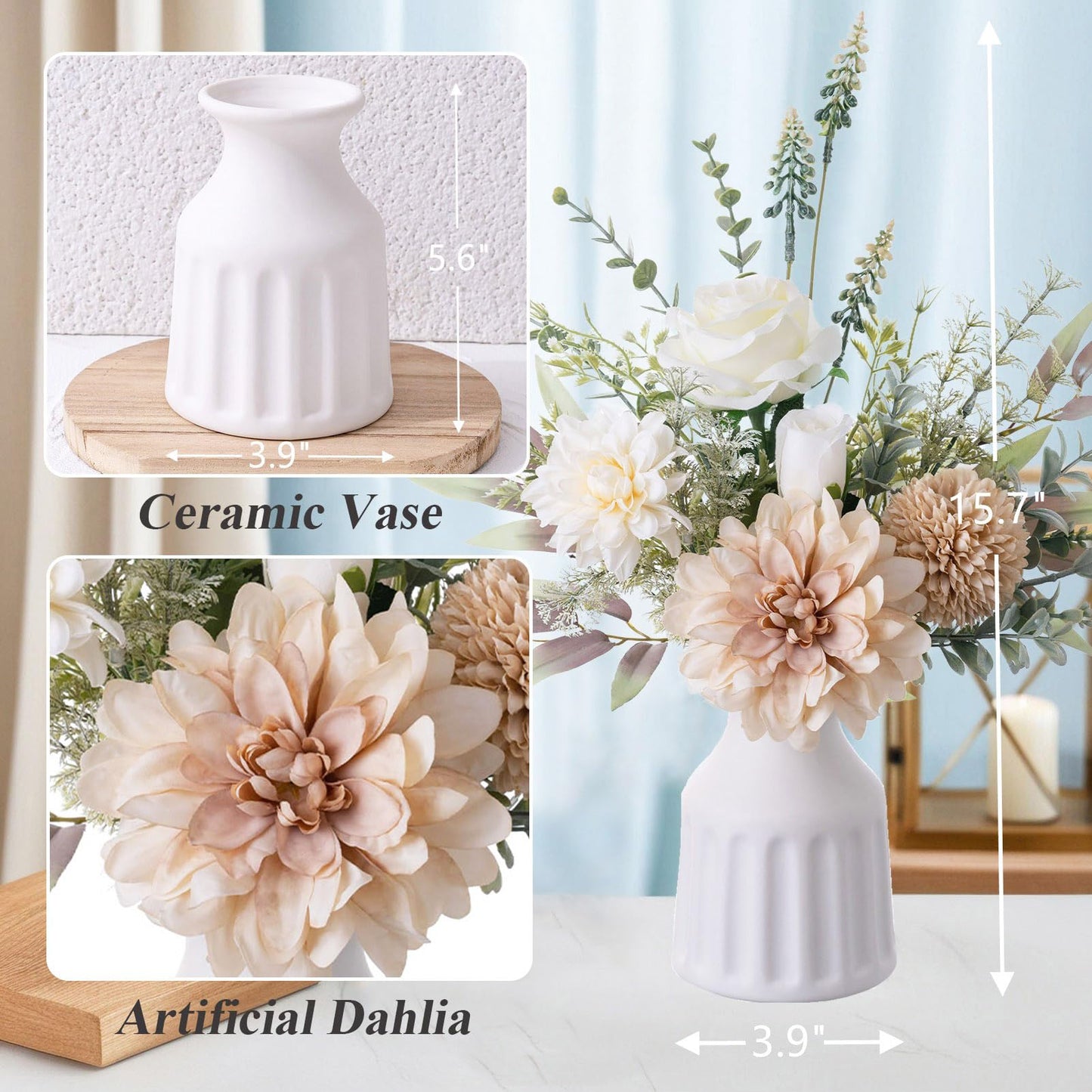 Fake Flowers in Vase, Artificial Flowers with Vase, 15.7'' Floral Arrangements for Dining Table Centerpiece Decor, Silk Roses & Faux Dahlia Bouquet for Farmfouse Kitchen Coffee Table Decor (Brown)