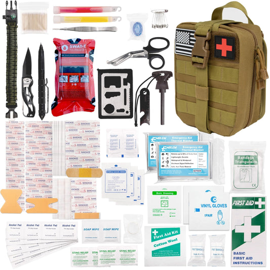 Emblem OD 242 Piece First Aid Survival Kit with Tourniquet Kit | MOLLE IFAK Med Kit | Emergency Medical Trauma Kit | Survival Gear | Tactical First Aid Kit for Car Home and Field | Brown