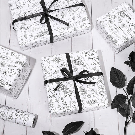 FYSUIMU Vintage Wildflower Wrapping Paper Mini Roll 17 In x 32.8 Ft Spring Black White Floral Gift Wrap Botanical Flower DIY Art Crafts Paper for Wedding Baby Shower Birthday Holiday Party