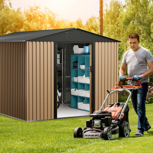 10FT x 8FT Metal Garden Shed, Outdoor Storage Shed, Metal Utility Tool Shed with Door Lock, Waterproof Roofs, for Backyard Garden Patio Lawn, Brown