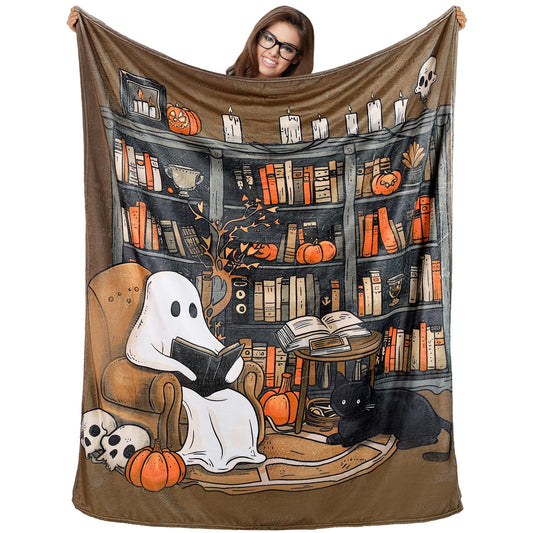 SmoothNovelty Book Lovers Gifts Throw Blanket 60 x 50 Inch Reader Blankets Book Club Horror Gifts Basket Stuffers for Women Bookworm Bookish Librarian Reading Basket(Ghost)