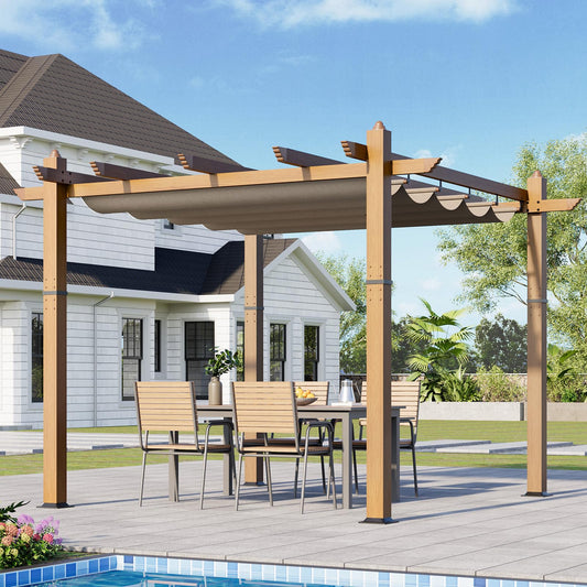 10x10 Ft Outdoor Retractable Pergola with Adjustable Roof Modern Metal Patio Gazebo, Upgraded Faux Wood Grain Aluminum Pergola for Deck, Backyard Gardens, Porches, Grapevines, Khaki