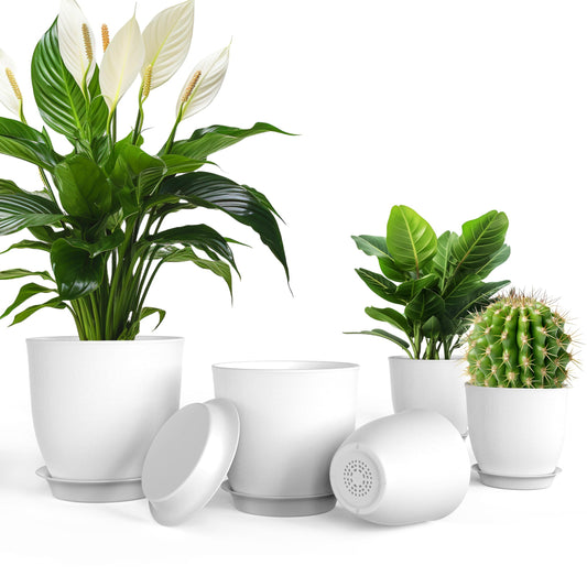 iPower Plant Pots with Drainage-7.1/6.3/5.5/5/4.5 Inches Home Decor Flower Pots for Indoor Planter, Plastic Planters, Cactus, Succulents, Herbs and Flower Pot, White, 5 Count (Pack of 1)